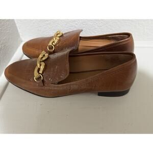 Tory Burch Jessa Brown Leather Loafers w/Gold Equestrian Horse Accent Size 8.5